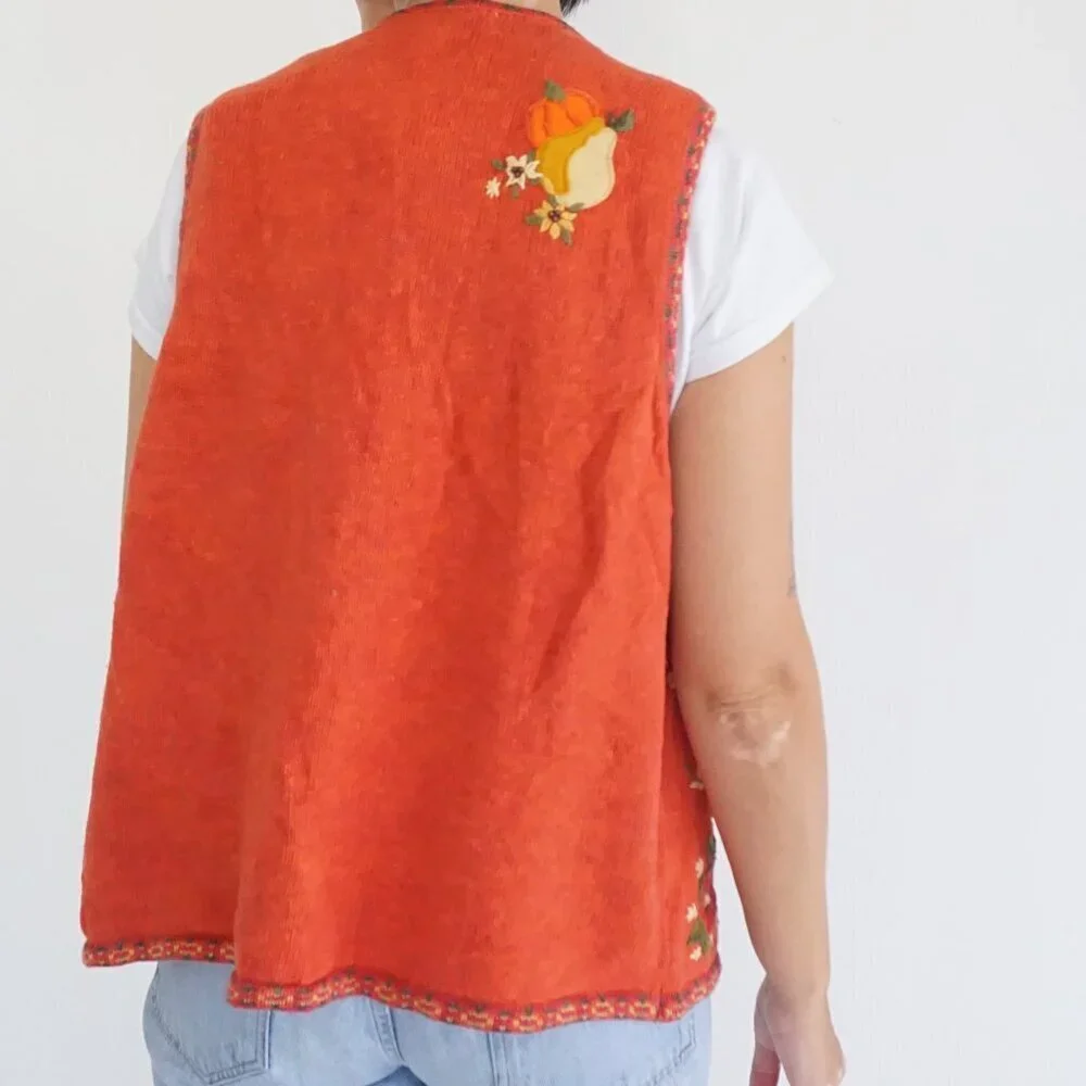 Vintage Tiara Orange Embroidered Pumpkin Harvest Halloween Folk Art Zip Vest L - Picture 2 of 9